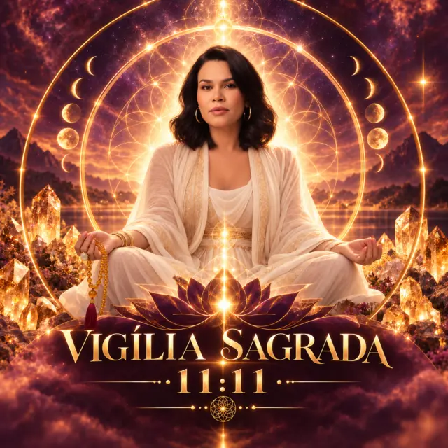 Identidade oficial da Vigília Sagrada 11:11: Wall com japamala, citrino, lótus, fases da lua e geometria dourada